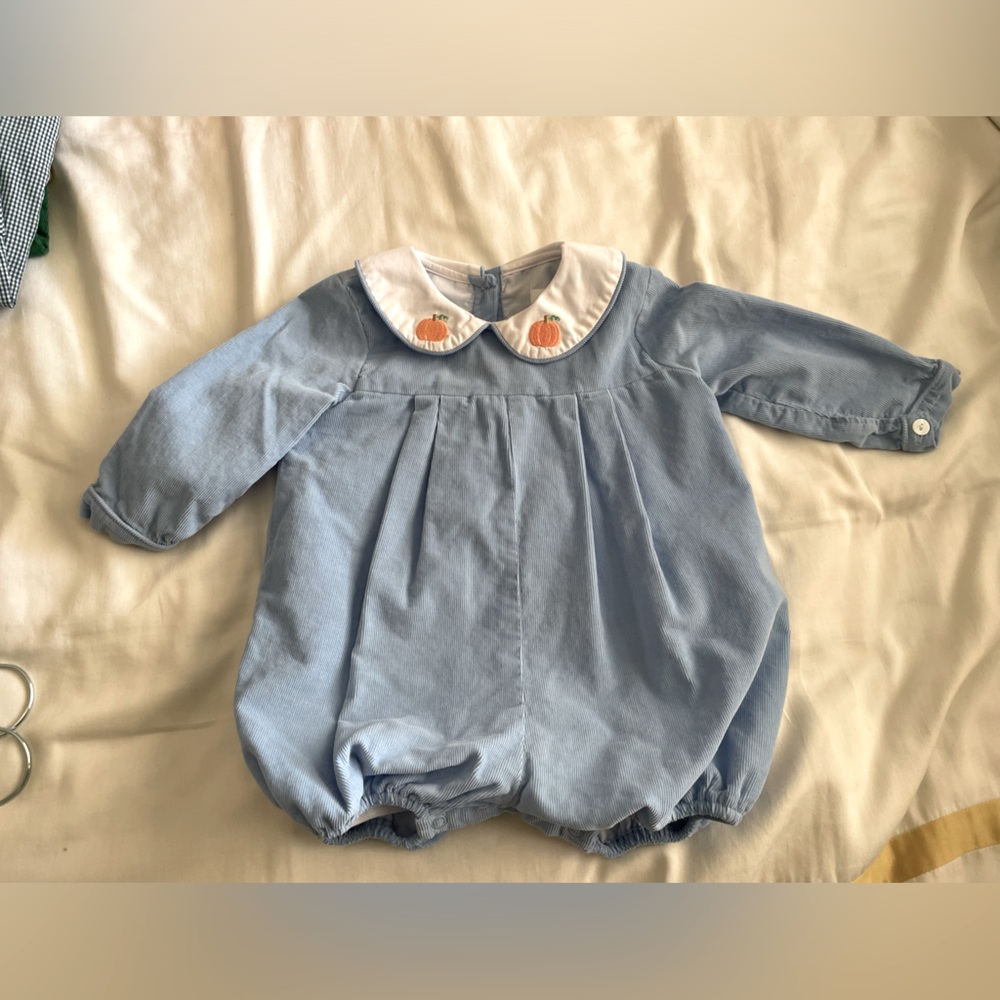 Beautiful blue corduroy bubble with embroidered collar